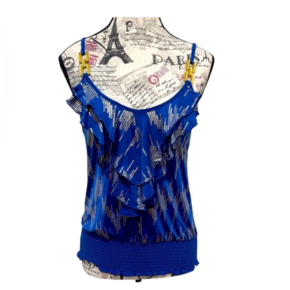 Solar USA Blue& Gold trim Ruffled Front Women's Top w Elastic Waist Large